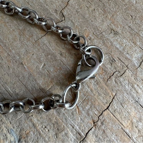 Silvertone Charm Necklace with Red Stone Spike Unisex 24 Inch Chain - Picture 5 of 6